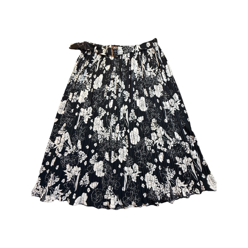 Alice Blue‎ Black/White Floral Pleated Flowy Maxi Skirt XL Belt Boho Preppy Work